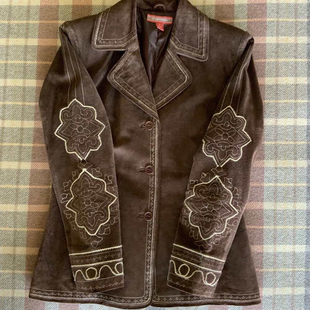 Vintage Nordstrom Ladies Brown Suede Southwestern Style Embroidered Jacket Sz Sm